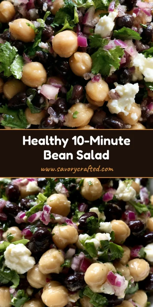 A vertical Pin image showing a top-down view of a colorful Chickpea and Black Bean Salad in a white bowl with cilantro and feta.