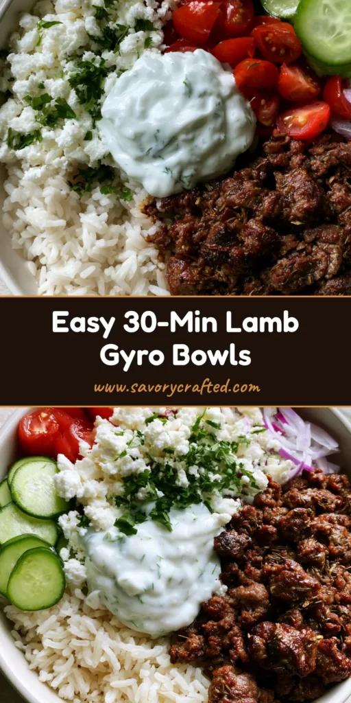 A top-down view of a Greek Lamb Gyro Bowl featuring seared ground lamb, fluffy rice, cucumbers, tomatoes, red onions, and a dollop of tzatziki.