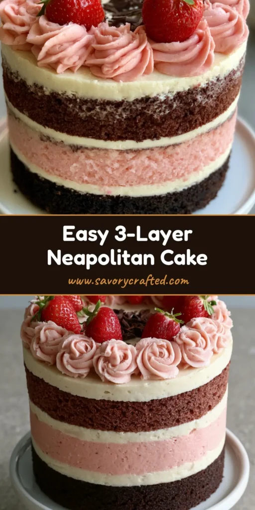 A tall triple-layer Neapolitan Cake Recipe with chocolate, strawberry, and vanilla layers, topped with rosettes and fresh strawberries. (Neapolitan Cake Recipe)