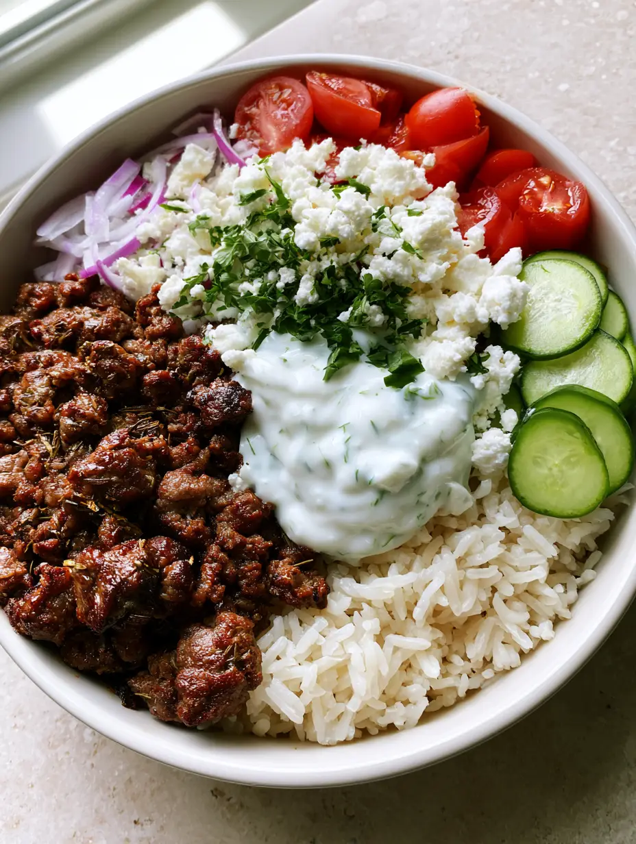 A smartphone photo of a Greek Lamb Gyro Bowl with glistening herbed lamb and fresh vegetables on a stone tabletop.