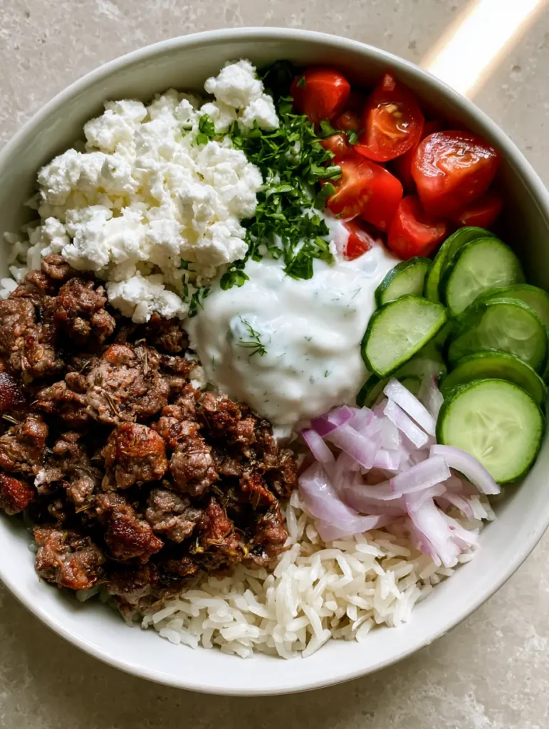 Close up shot of seared crumbled lamb and feta cheese in a Greek Lamb Gyro Bowl.