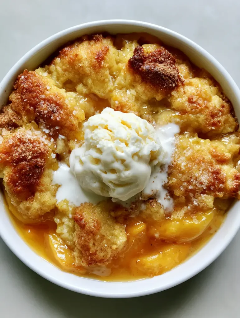 Top-down view of a peach cobbler in a white dish showing caramelized batter edges and thick peach syrup. (Paula Deen Peach Cobbler)