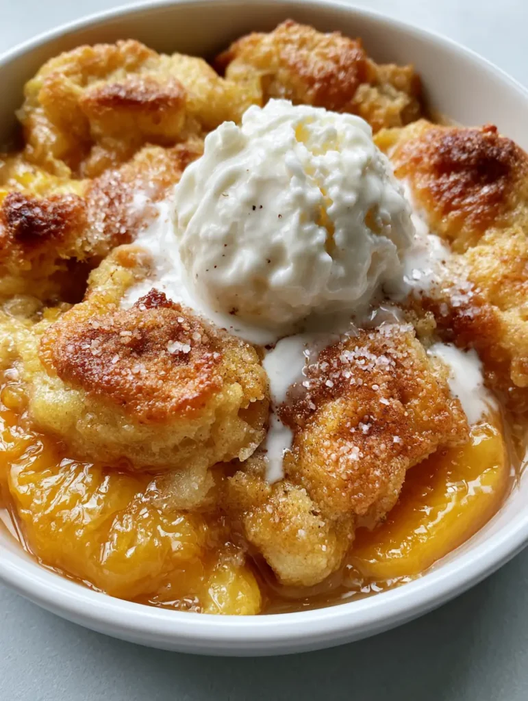 Close up of melting vanilla ice cream flowing into the crevices of a warm peach cobbler crust. (Paula Deen Peach Cobbler)