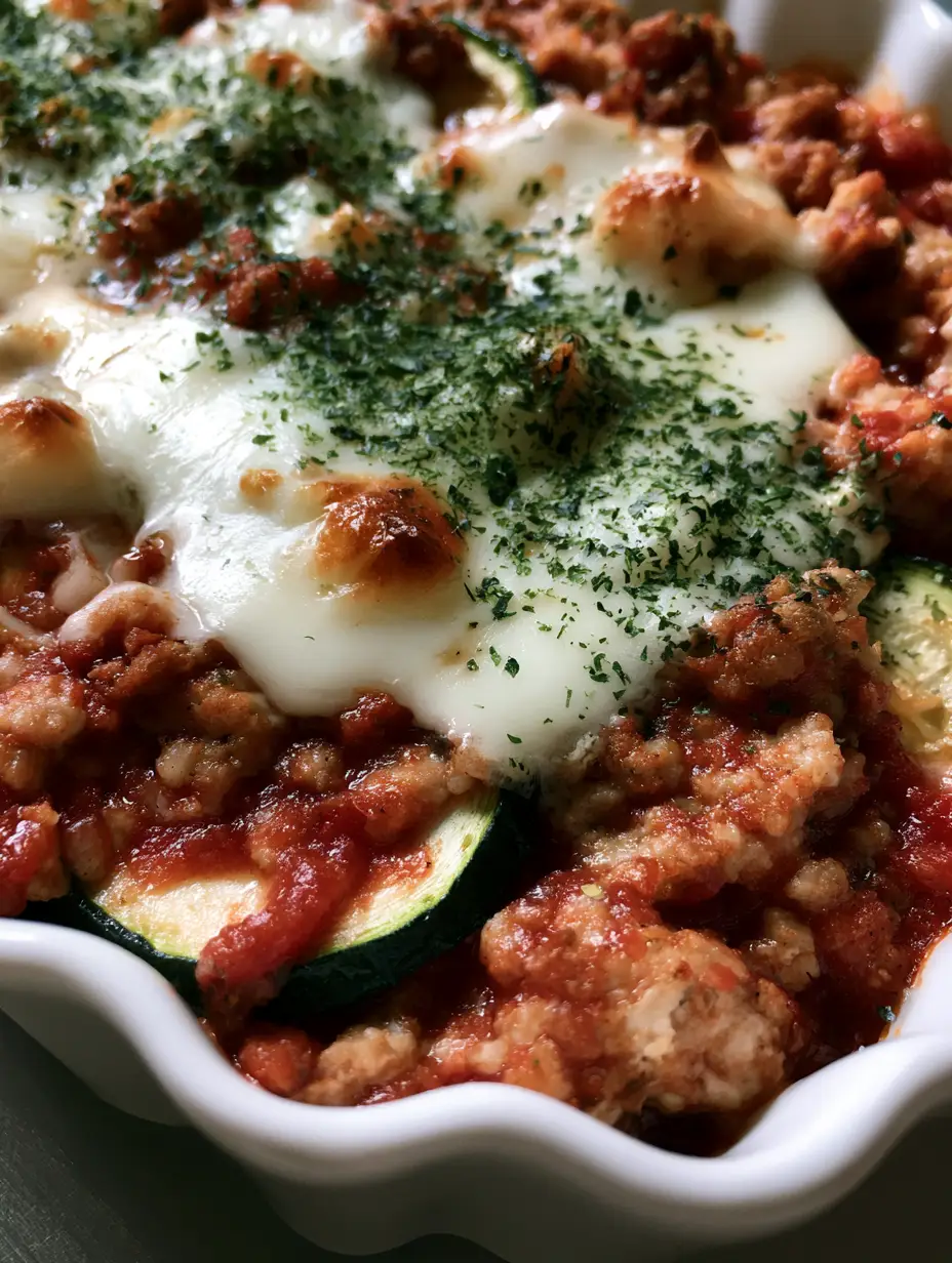 A close-up angled view of a Ground Turkey Zucchini Casserole showing browned turkey, tomato sauce, and sliced green zucchini rounds.