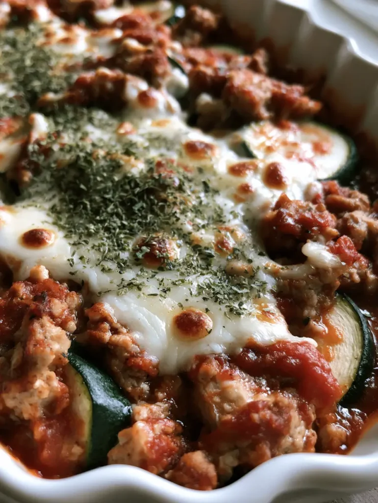 Top view of melted mozzarella cheese with toasted brown spots on a Ground Turkey Zucchini Casserole.