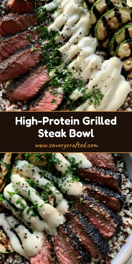 Grilled Steak Bowl with Creamy Garlic Sauce and Charred Zucchini 4 A top-down view of a ceramic Grilled Steak Bowl with fanned-out medium-rare steak, charred zucchini half-moons, and a zig-zag of white garlic cream sauce on a bed of quinoa.