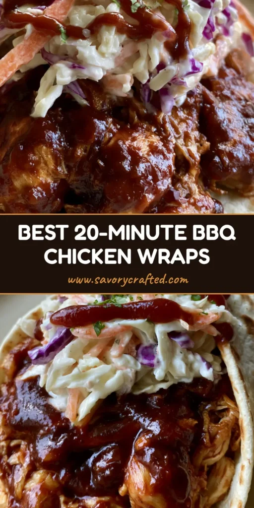 A handheld close-up of a BBQ Chicken Wrap featuring glossy mahogany sauce, shredded chicken, and colorful purple cabbage slaw.