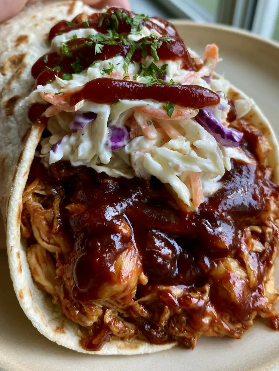 Close-up of a toasted flour tortilla filled with BBQ chicken and creamy coleslaw (BBQ Chicken Wraps).