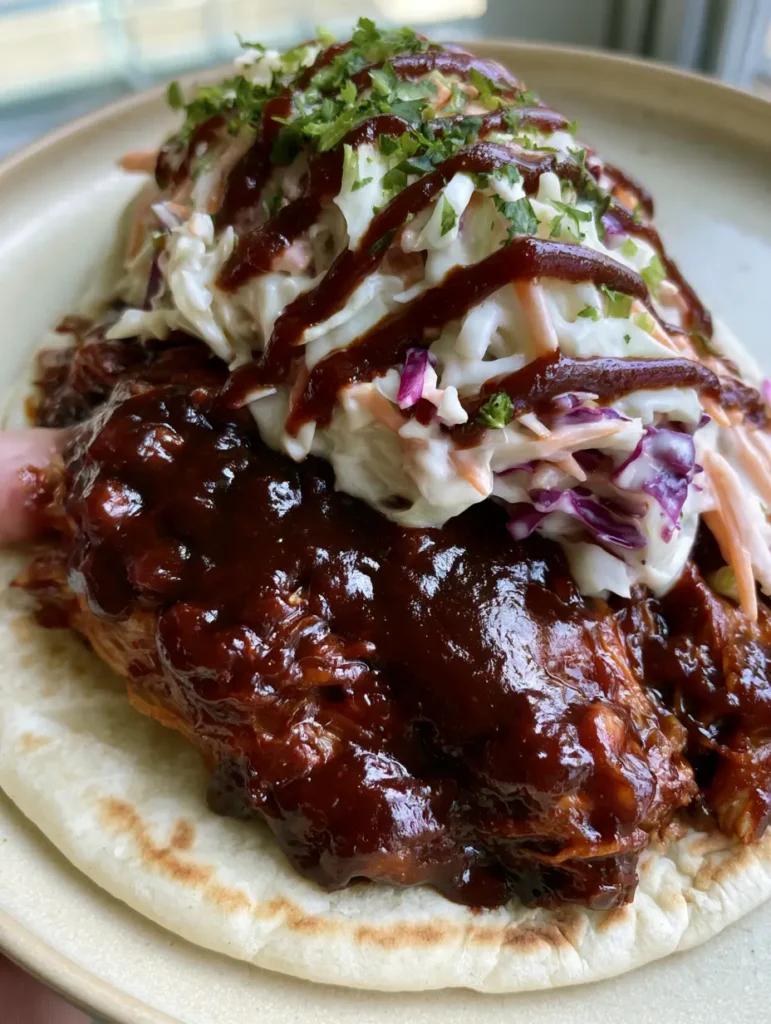 BBQ Chicken Wraps garnish with cilantro and a zigzag of smoky sauce on a white plate.