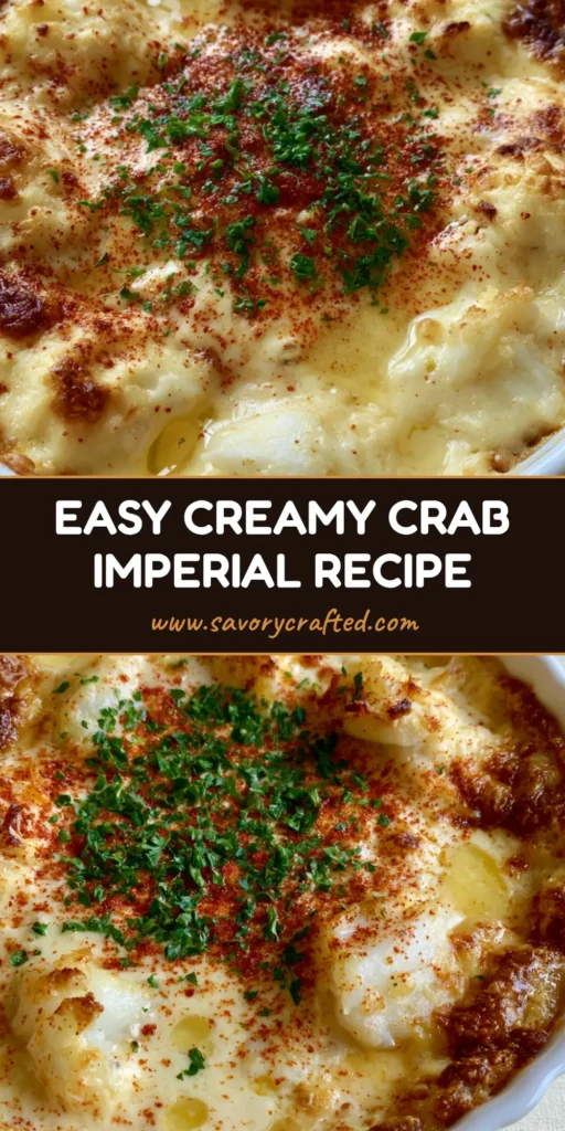 A close-up of Crab Imperial in a white fluted ramekin with a golden-brown crust, red paprika, and green parsley. (Crab Imperial Recipe)