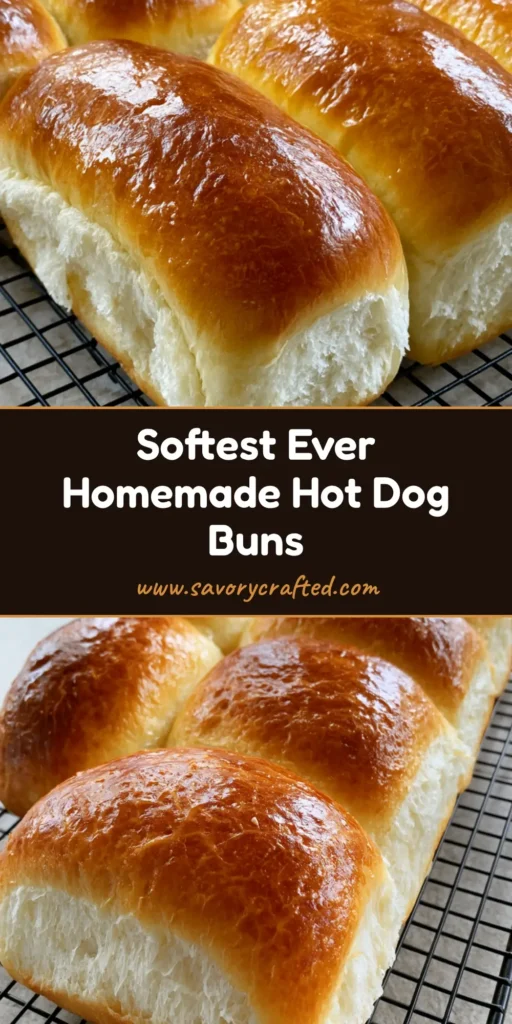A close-up shot of six glossy, deep golden-brown Homemade Hot Dog Buns resting on a wire rack, showing the soft white interior where they were pulled apart.