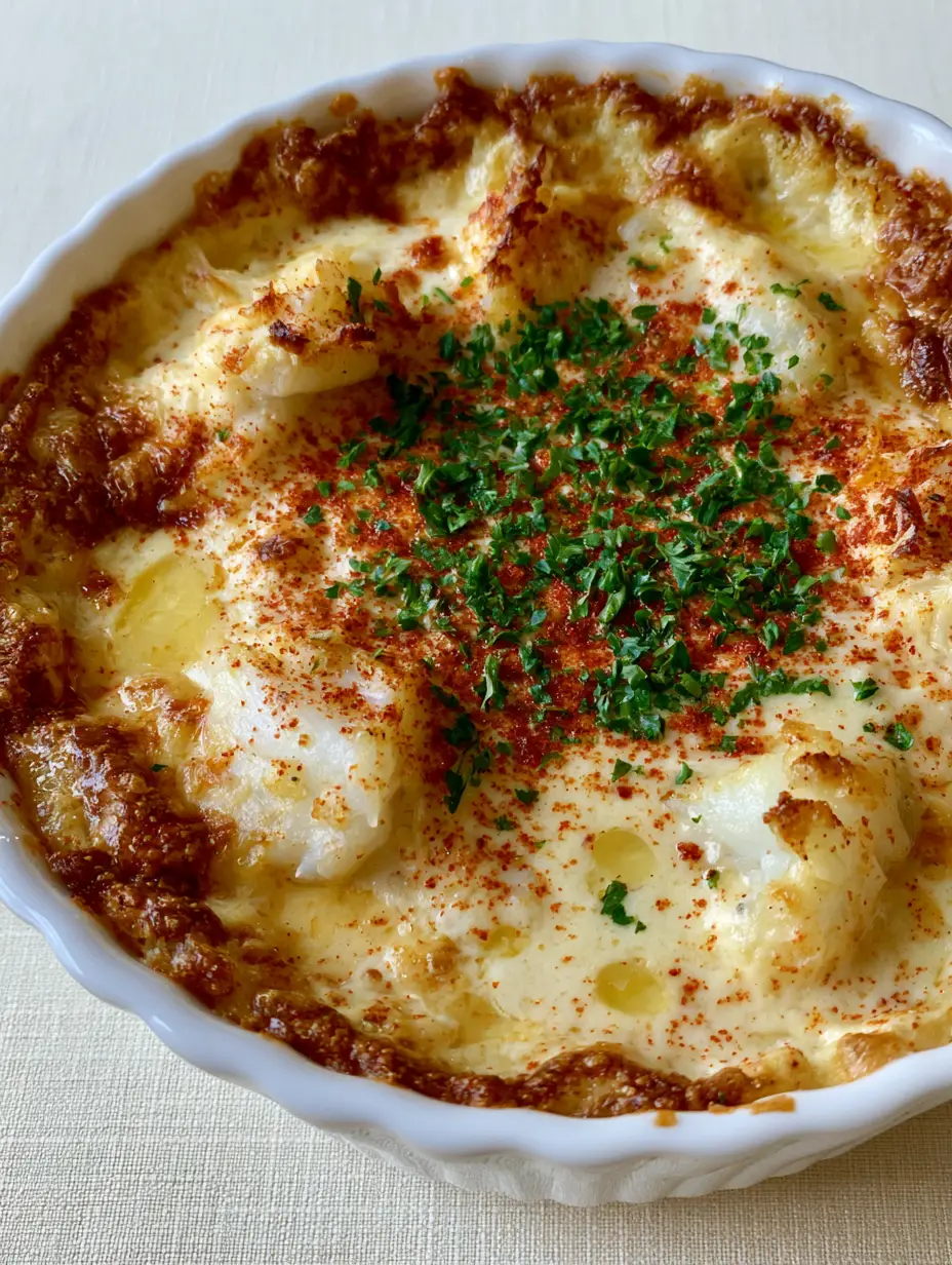 Close-up of white lump crab meat chunks in a creamy yellow sauce inside a ceramic ramekin. (Crab Imperial Recipe)