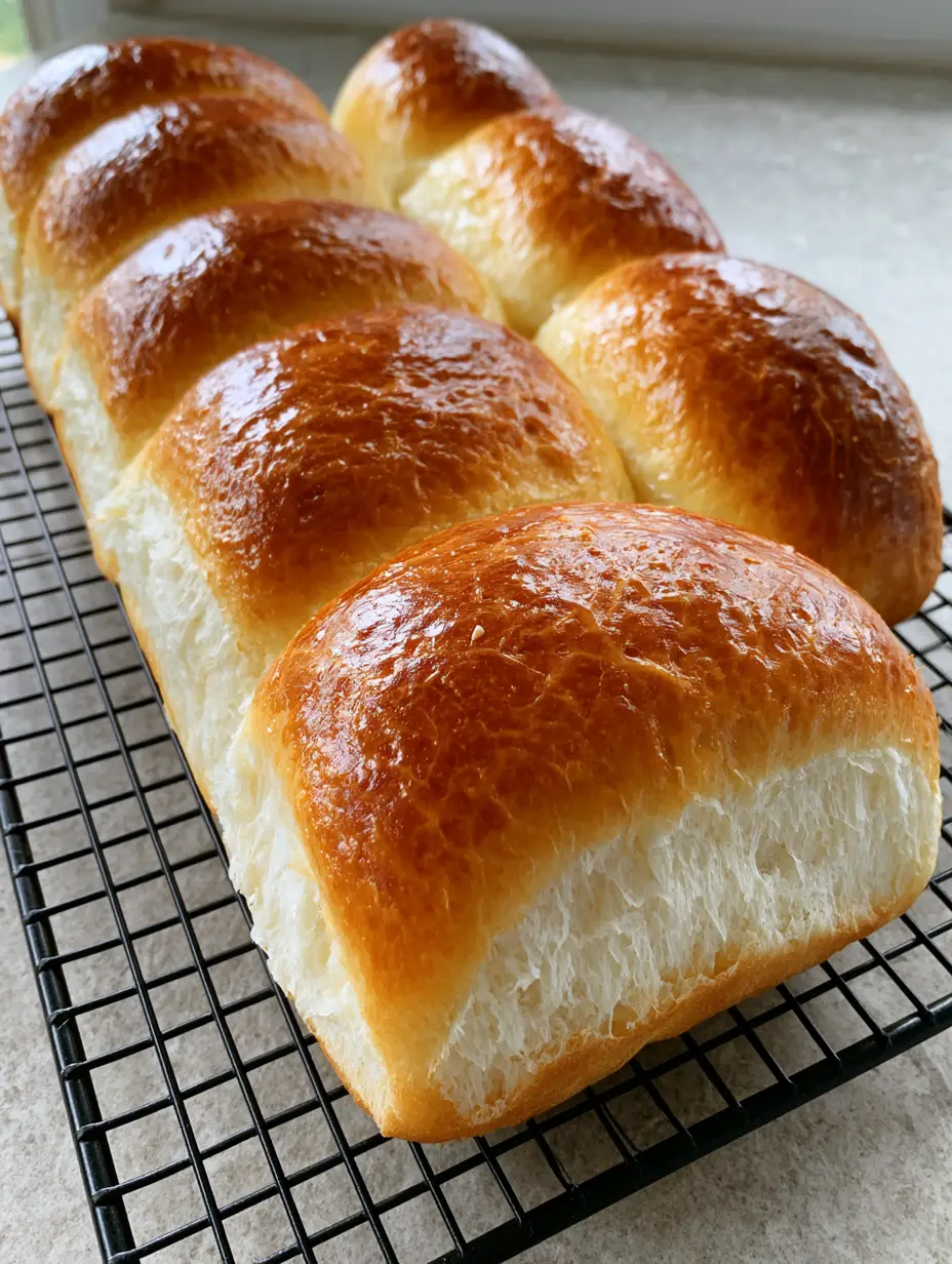 Six Homemade Hot Dog Buns with a high-gloss egg wash finish sitting on a black wire cooling rack on a stone countertop.