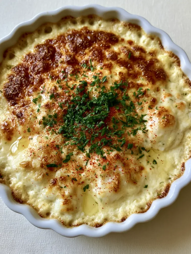 Two ramekins of Crab Imperial baked to a deep golden-brown with visible butter droplets and paprika.