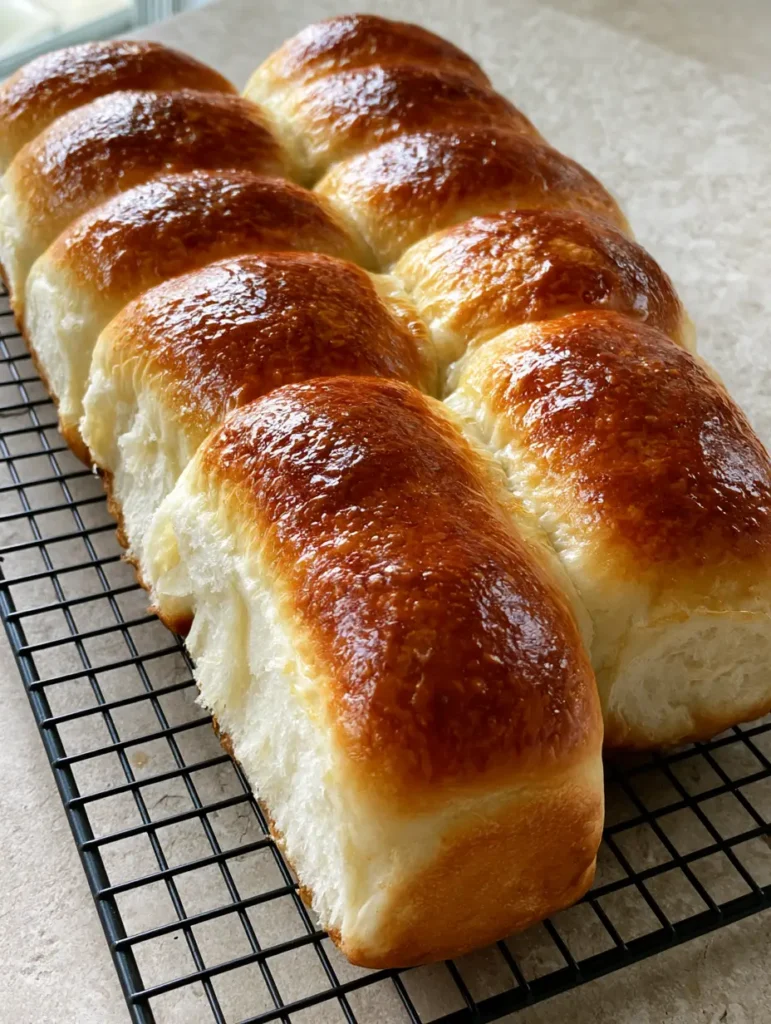 A top-down view of Homemade Hot Dog Buns showing the smooth, taut golden crust and soft sides.