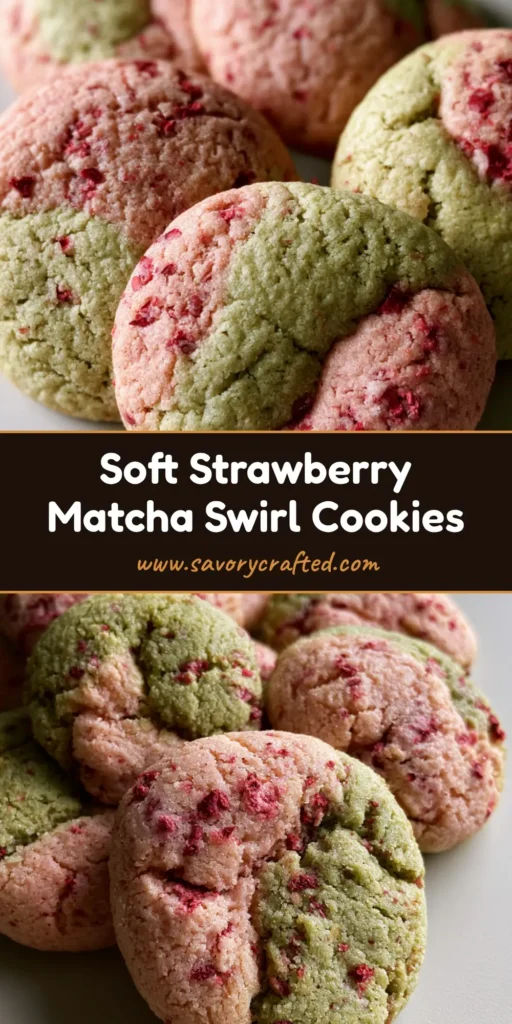A tall stack of thick, marbled Strawberry Matcha Cookies with distinct sage green and pastel pink swirls and ruby-red strawberry fragments.
