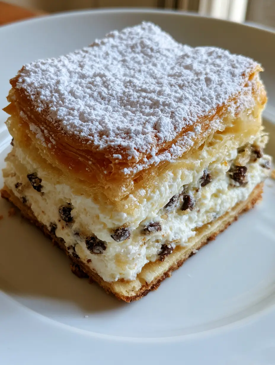 Ricotta Cannoli Squares: The Ultimate Flaky Italian Dessert 4 Detailed view of the thick ricotta cream and mini chocolate chips inside Ricotta Cannoli Squares.