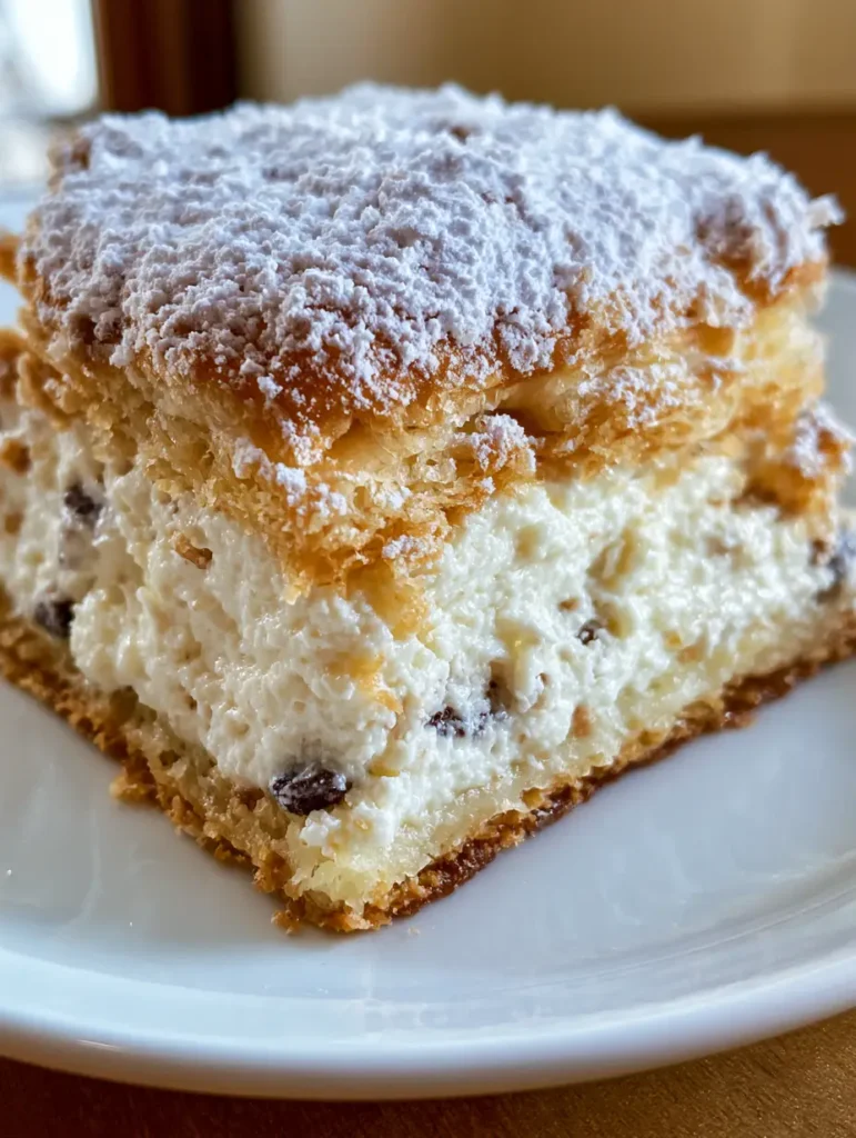 Ricotta Cannoli Squares: The Ultimate Flaky Italian Dessert 1 Ricotta Cannoli Squares dusted with a heavy layer of powdered sugar.