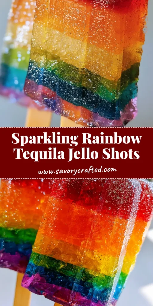 Tequila Jello Shots: The Ultimate 6-Layer Rainbow Party Block 3 A vertical stack of 6-layered rainbow Tequila Jello Shots on wooden popsicle sticks with silver glitter.