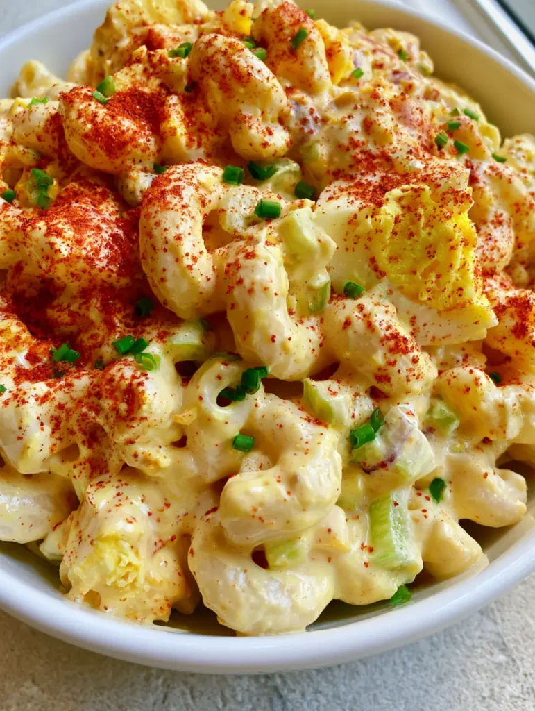 High angle shot of Deviled Egg Macaroni Salad showing the crunchy celery and red onion bits.