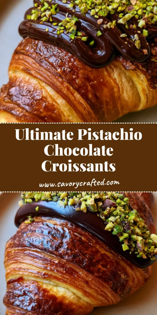 Pistachio Chocolate Croissant: The Ultimate Flaky Bakery-Style Recipe 3 A close-up shot of a single large Pistachio Chocolate Croissant with glossy zigzag ganache and crushed pistachios on a ceramic plate.
