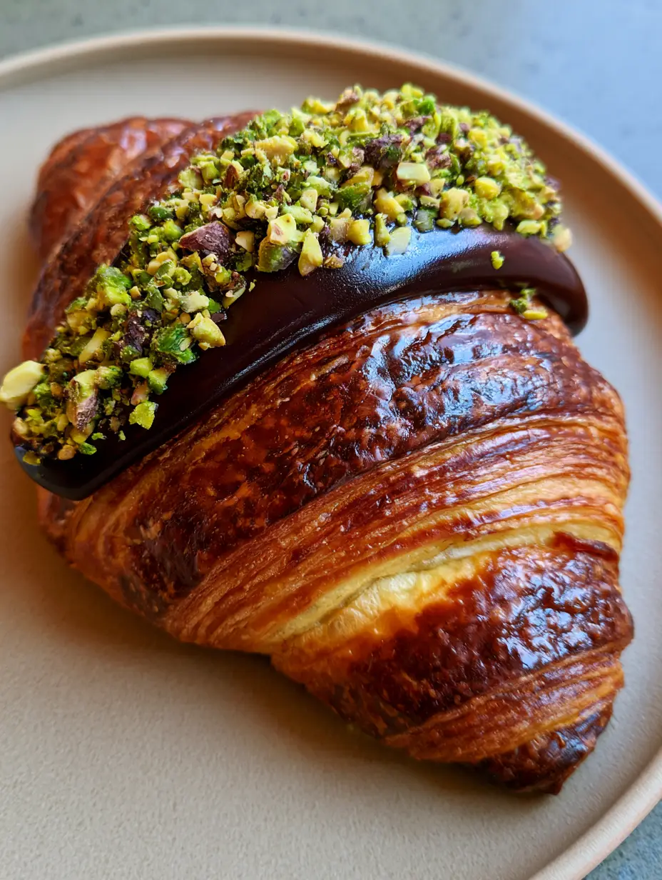 Pistachio Chocolate Croissant: The Ultimate Flaky Bakery-Style Recipe 4 Detailed view of the buttery laminated dough layers of a Pistachio Chocolate Croissant.
