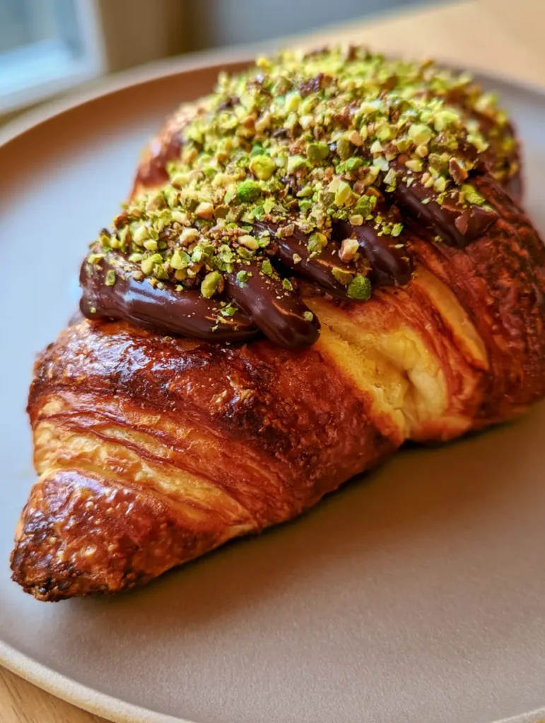 Pistachio Chocolate Croissant: The Ultimate Flaky Bakery-Style Recipe 1 A close-up of the thick zigzag dark chocolate ganache on a Pistachio Chocolate Croissant.