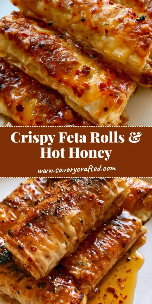 Chili Honey Feta Rolls (Crispy Filo Appetizer Recipe) 3 A stack of golden brown Chili Honey Feta Rolls drizzled with translucent amber chili honey and black sesame seeds on a white plate.