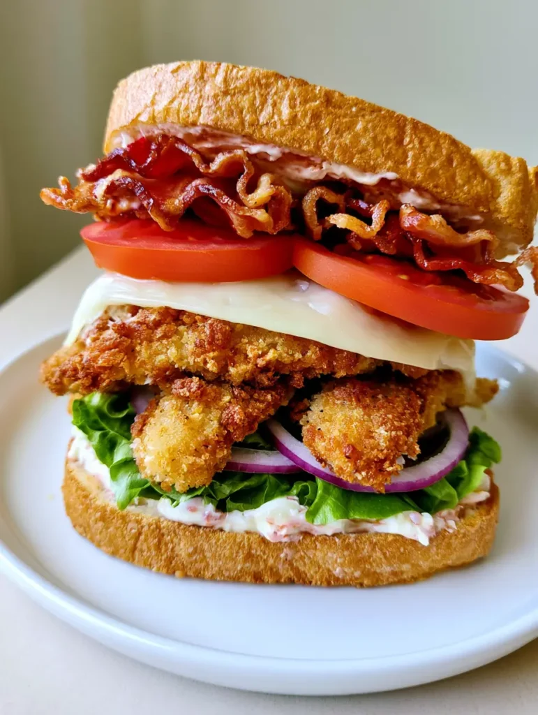 Loaded Chicken Club Sandwich: The Ultimate Crispy Sourdough Recipe 1 Close up of the layers in a Loaded Chicken Club Sandwich showing crispy bacon and melted cheese.
