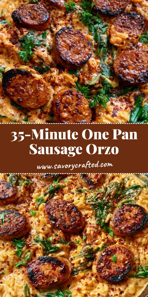 One Pan Chicken Sausage Orzo with Creamy Tomato Sauce 3 A rustic black cast iron skillet filled with One Pan Chicken Sausage Orzo in a creamy tomato sauce with wilted spinach and parsley.
