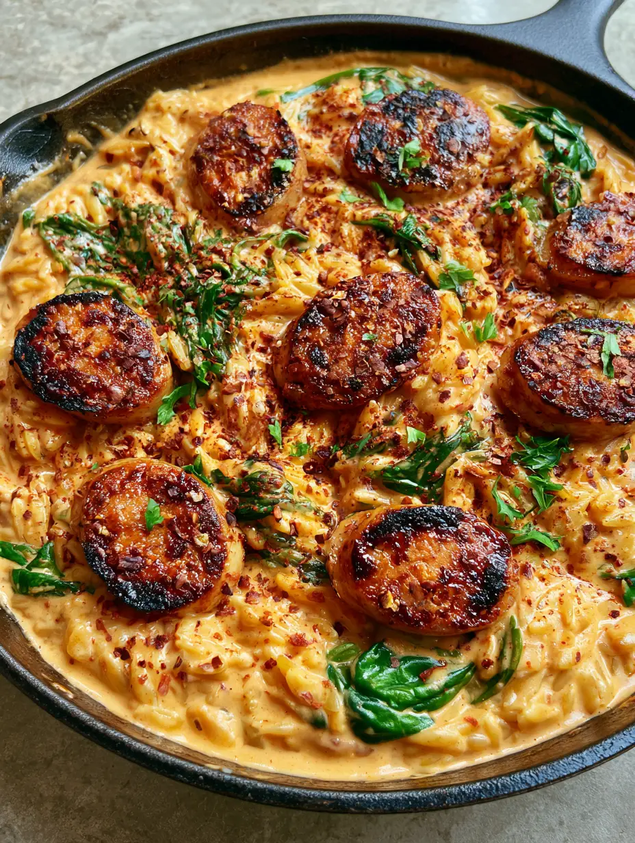 One Pan Chicken Sausage Orzo with Creamy Tomato Sauce 4 Close-up of charred chicken sausage slices resting on creamy tomato orzo in a cast iron skillet. (One Pan Chicken Sausage Orzo)