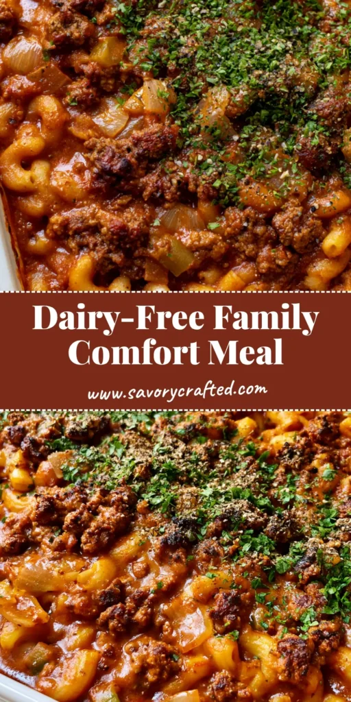 Dairy-Free Hamburger Casserole: The Ultimate Comfort Food Classic 4 A top-down view of a Dairy-Free Hamburger Casserole in a white ceramic dish featuring glossy reddish-brown sauce, elbow macaroni, and browned beef topped with fresh parsley.