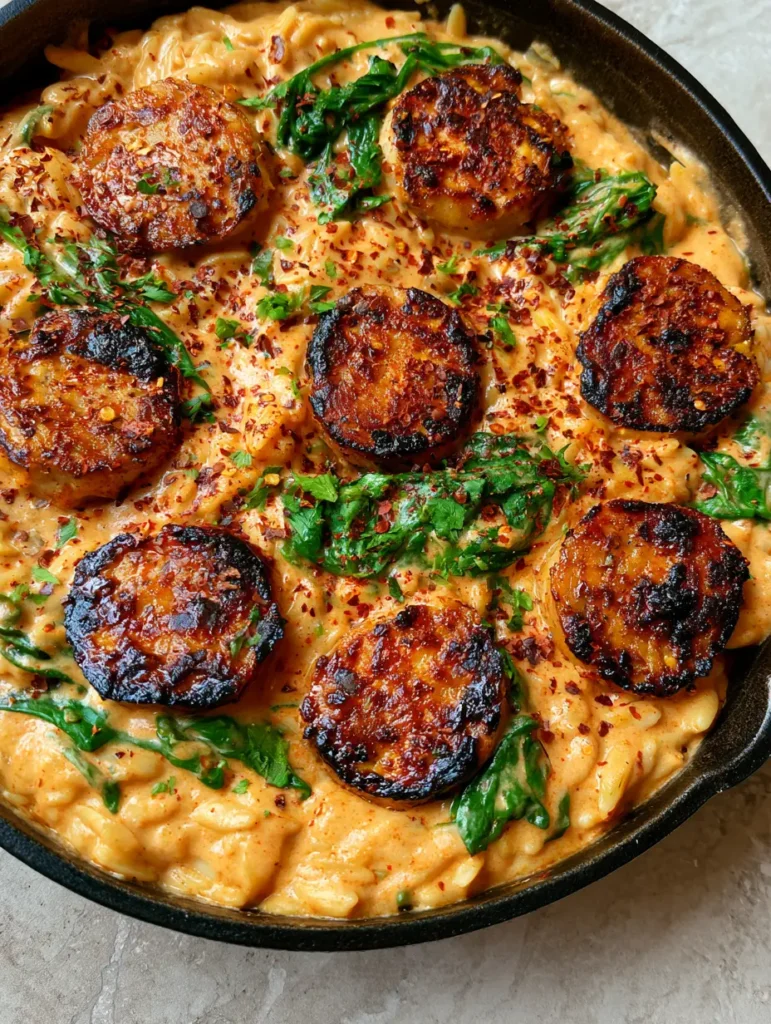 One Pan Chicken Sausage Orzo with Creamy Tomato Sauce 1 Top-down view of a creamy orzo dish with spinach and red pepper flakes in a skillet.