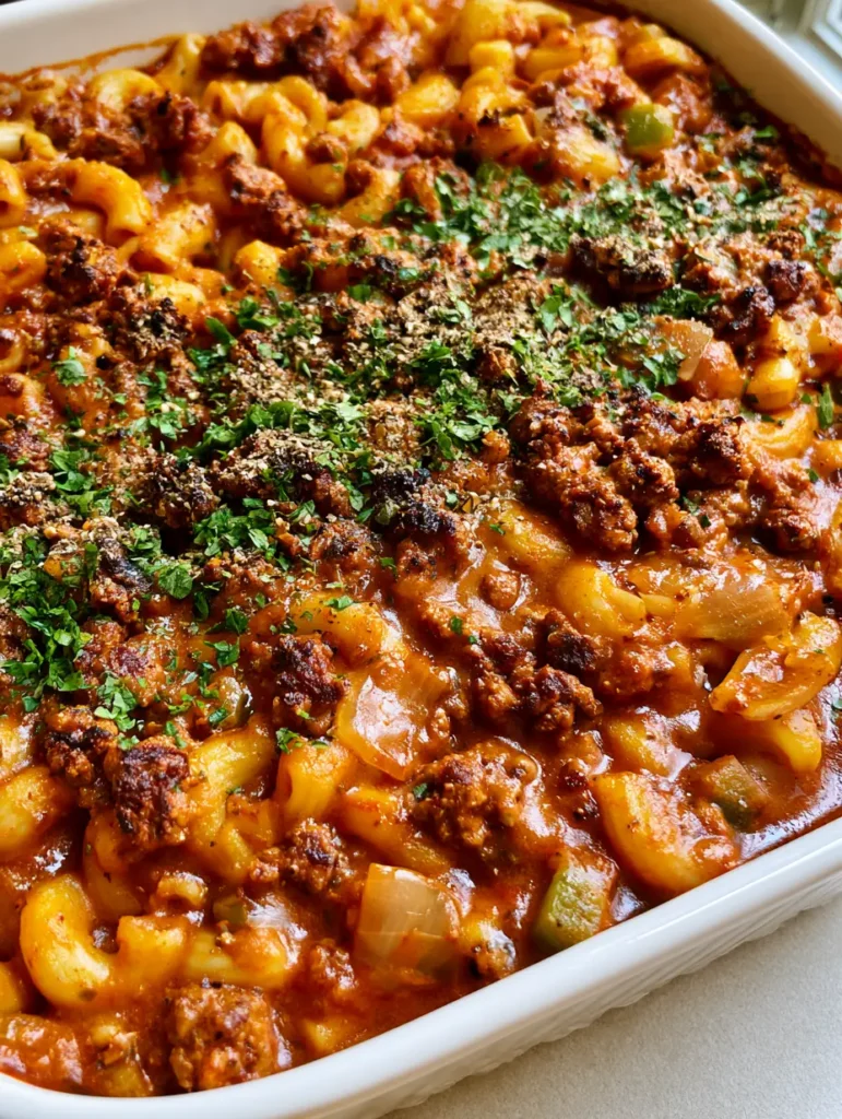 Dairy-Free Hamburger Casserole: The Ultimate Comfort Food Classic 2 Close-up of Dairy-Free Hamburger Casserole showing the texture of crumbled beef, green peppers, and glossy tomato sauce.