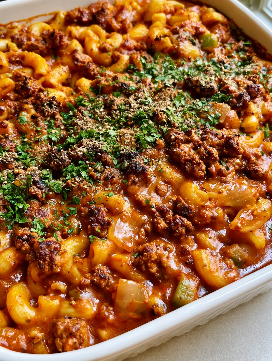 Dairy-Free Hamburger Casserole: The Ultimate Comfort Food Classic 3 Close-up of Dairy-Free Hamburger Casserole showing the texture of crumbled beef, green peppers, and glossy tomato sauce.