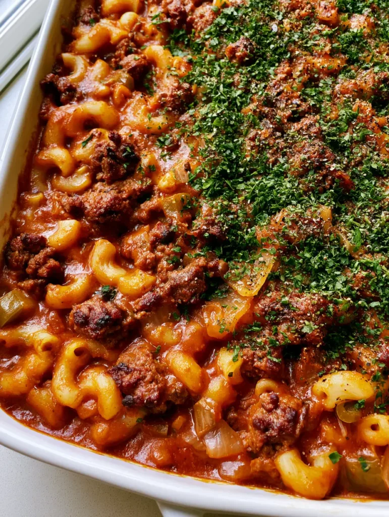 Dairy-Free Hamburger Casserole: The Ultimate Comfort Food Classic 1 A rectangular white ceramic dish filled with Dairy-Free Hamburger Casserole garnished with cracked black pepper and parsley.