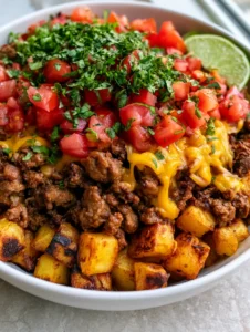 Vertical close-up of a loaded taco bowl with golden-brown roasted potatoes and seasoned ground beef crumbles. (Ground Beef and Potato Taco Bowls)
