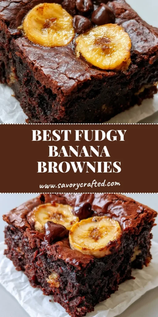 Banana Brownies: The Ultimate Fudgy Chocolate Banana Recipe 4 A stack of thick, fudgy Banana Brownies with visible dark chocolate chips and caramelized banana slices on a white parchment background.