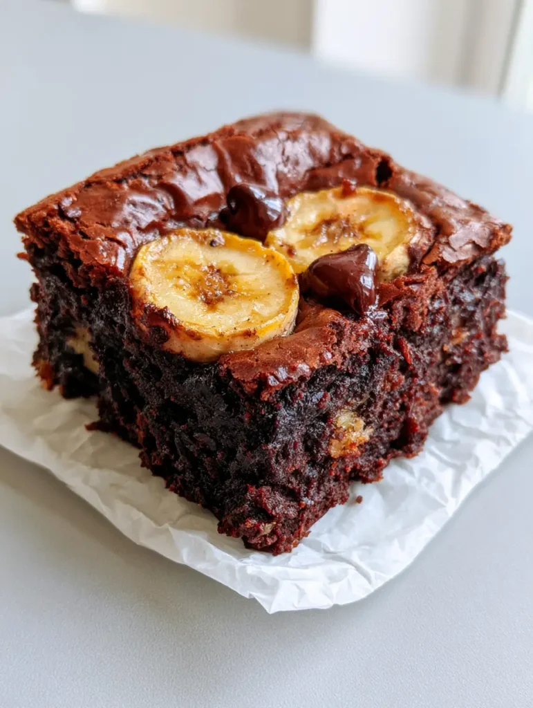Banana Brownies: The Ultimate Fudgy Chocolate Banana Recipe 2 Close-up of a single thick Banana Brownie square showing the dense chocolate interior and shiny top crust.