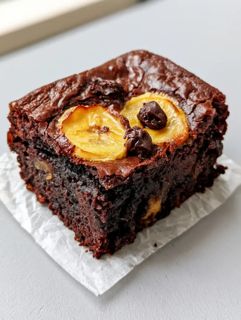 Banana Brownies: The Ultimate Fudgy Chocolate Banana Recipe 1 Overhead view of Banana Brownies topped with circular banana slices and melted dark chocolate chips.