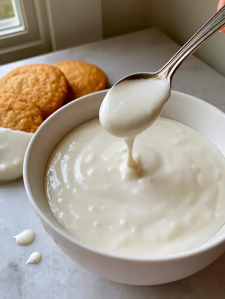 Three golden-brown sugar cookies on a marble surface, with one half-dipped in white Powdered Sugar Frosting.