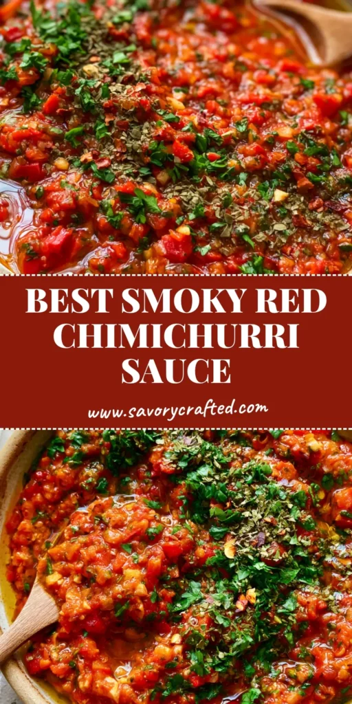 A rustic ceramic bowl of Smoky Red Chimichurri Sauce with a wooden spoon on a grey stone surface.