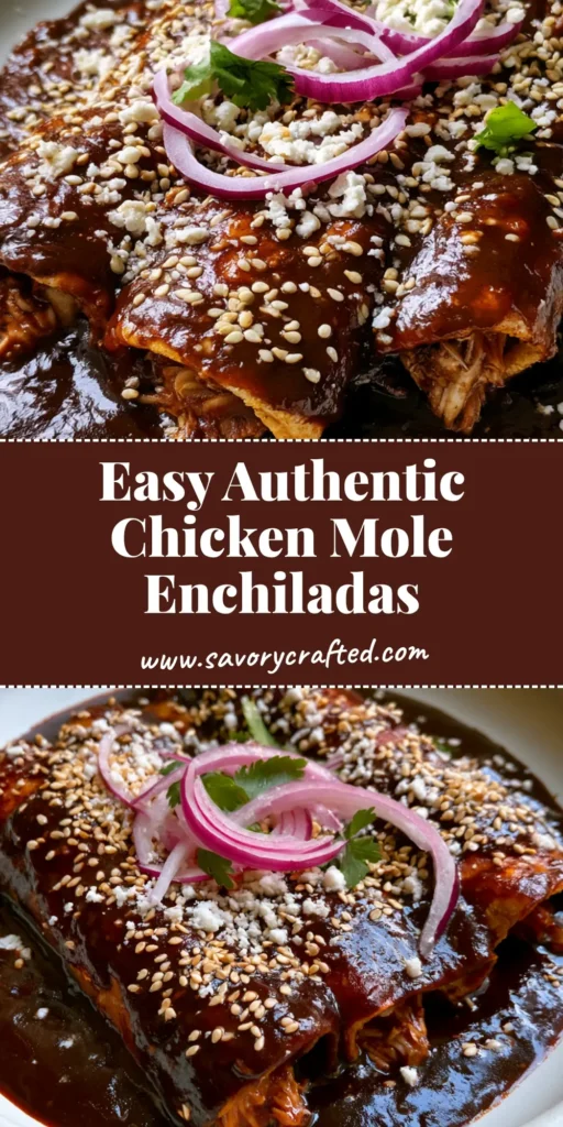 Chicken Mole Enchiladas: The Ultimate Rich and Smokey Recipe 3 Three corn tortillas rolled and filled with shredded chicken, completely drenched in a thick, glossy, deep dark-brown mole sauce, garnished with sesame seeds and queso fresco. (Chicken Mole Enchiladas)