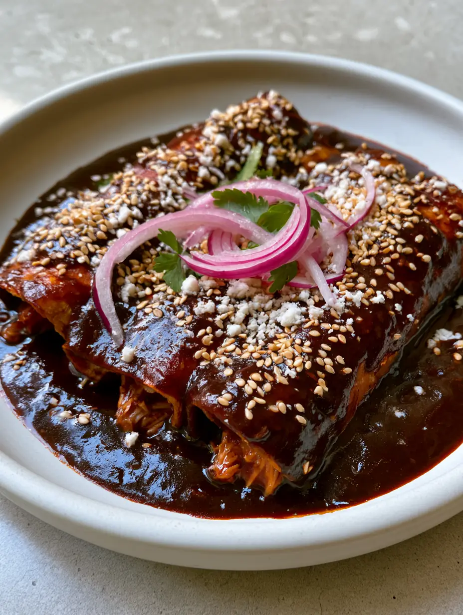 Chicken Mole Enchiladas: The Ultimate Rich and Smokey Recipe 4 A close up shot of three corn tortillas rolled and filled with shredded chicken on a matte white ceramic plate. (Chicken Mole Enchiladas)