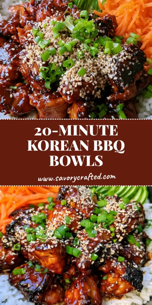 Korean BBQ Chicken Bowls with Sticky Soy Glaze 4 A top-down view of Korean BBQ Chicken Bowls in a dark ceramic bowl featuring glossy dark mahogany chicken bites, shredded carrots, and sliced cucumbers on jasmine rice.