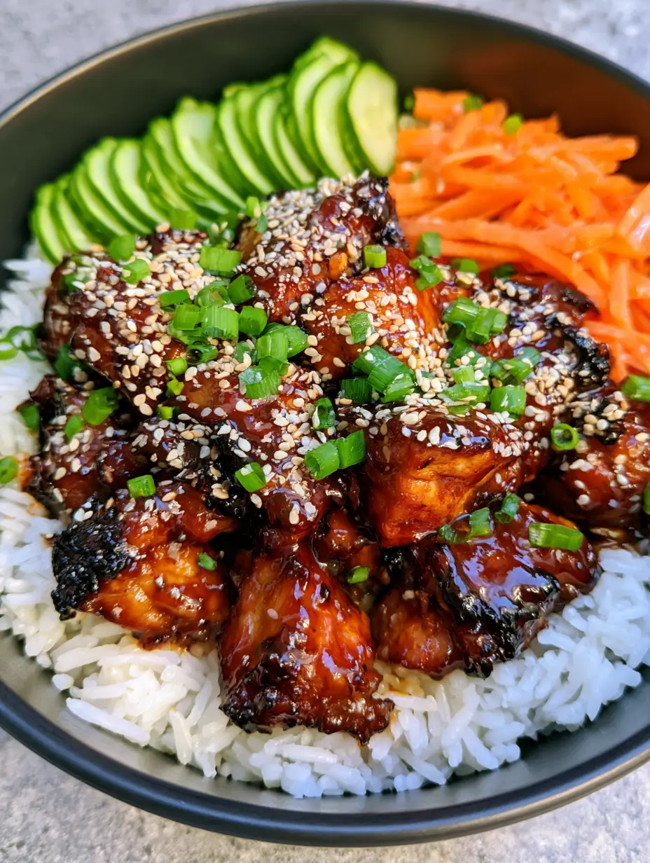 Korean BBQ Chicken Bowls with Sticky Soy Glaze 3 Close up of Korean BBQ Chicken Bowls showing the caramelized charred edges of the chicken and fluffy jasmine rice.