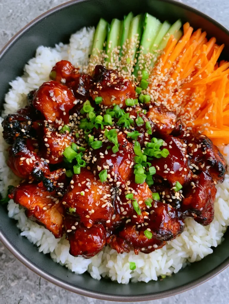 Korean BBQ Chicken Bowls with Sticky Soy Glaze 1 Korean BBQ Chicken Bowls arranged with vibrant orange shredded carrots and green scallions.