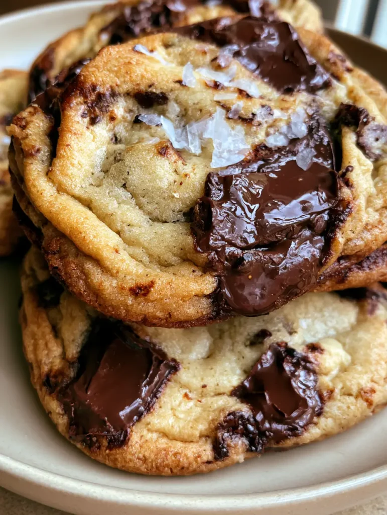 Brown Butter Chocolate Chip Cookies with Dark Chocolate Chunks and Sea Salt 2 Close up handheld photo of thick golden-brown cookies with crinkled surfaces and glossy dark chocolate puddles. (Brown Butter Chocolate Chip Cookies)