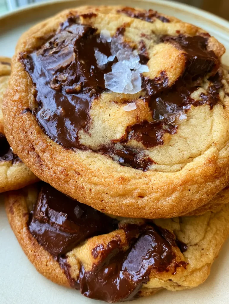 Brown Butter Chocolate Chip Cookies with Dark Chocolate Chunks and Sea Salt 1 A stack of Brown Butter Chocolate Chip Cookies showing soft pale tan centers and toasted crispy edges with flaky sea salt.