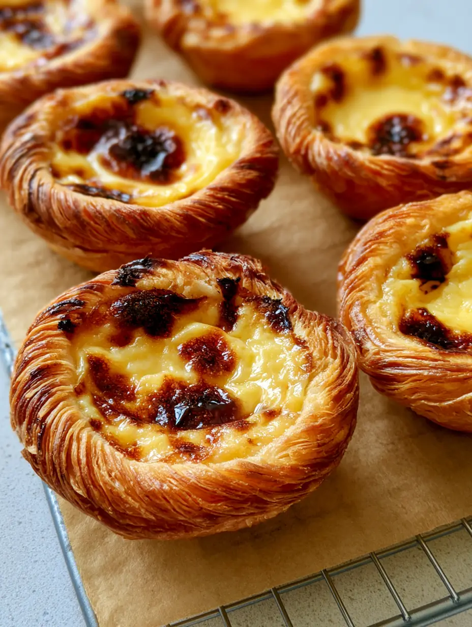 Pastel de Nata Recipe: Authentic Portuguese Custard Tarts 3 Close up shot of Pastel de Nata Recipe showing deep golden-brown spiraled puff pastry and dark brown charred spots.